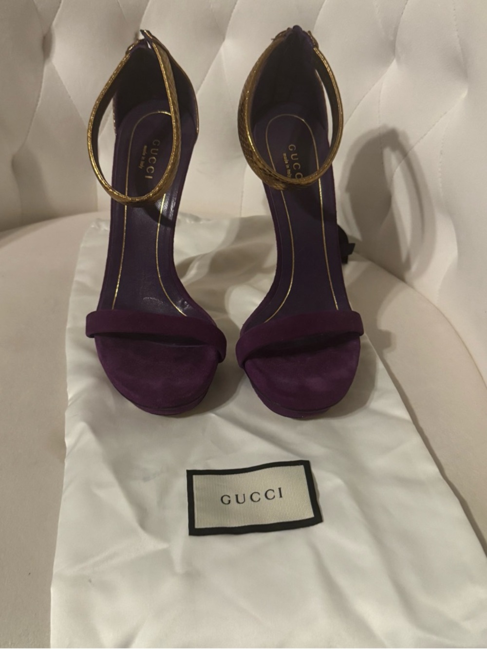 Gucci Purple Suede Open-Toe Heels with Gold Ankle Straps